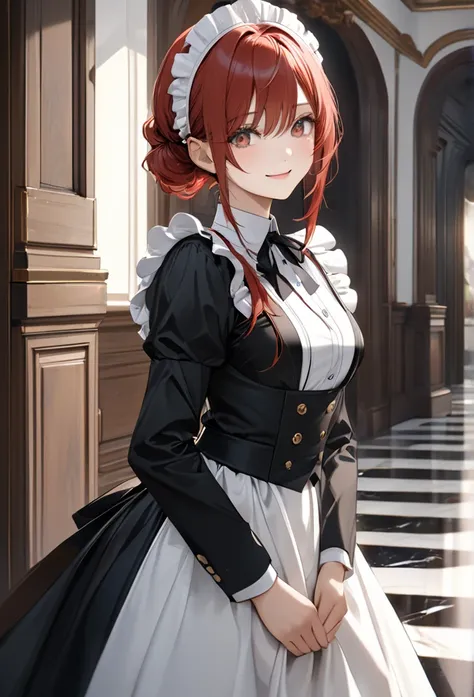 Upper body close-up（((masterpiece), on)"A young woman in a butler-style maid outfit, with short red hair, captured just after helping her master, looking at the camera with upturned eyes and a reassuring smile mixed with a hint of pride. Background feature...