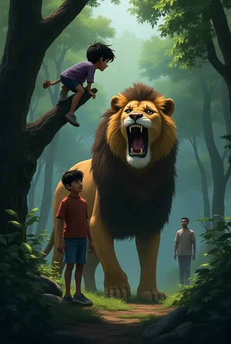 : "A sudden encounter in the forest with a large, fierce lion growling in front of Abhishek and Nitish. Abhishek looks scared and is preparing to climb a tree, while Nitish stands nearby, looking worried."
animation 