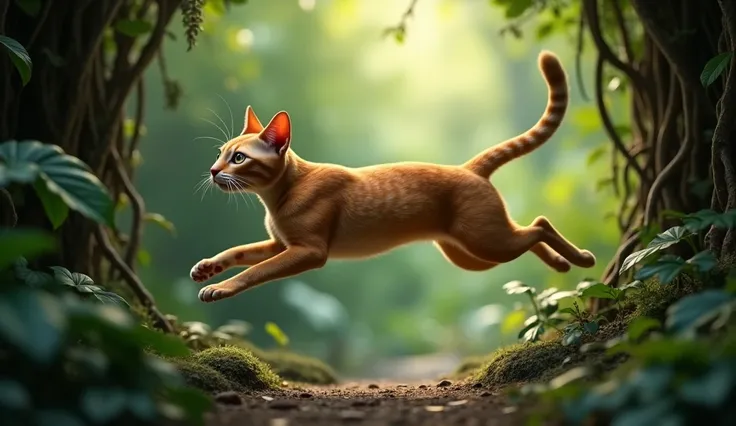 A Chausie cat leaping gracefully in a jungle-like setting, blending wild and domestic elegance."