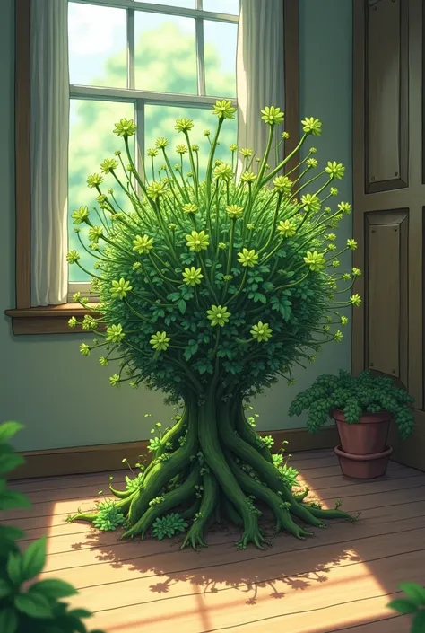 An absurd decision,  High resolution, (masterpiece: 1.4),  hyper-detail, in anime style,  a bunch of branches with green petals, forming a ball ,  in a house on a wooden floor 