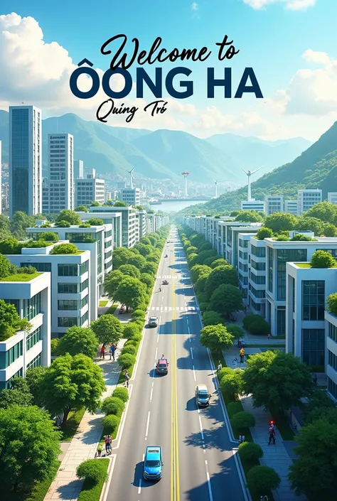 "A futuristic and vibrant illustration of Đông Hà city in Quảng Trị, Vietnam, as a thriving economic and cultural hub. The city center is filled with modern high-rise buildings, eco-friendly architecture with green rooftops, and wide, clean streets lined w...