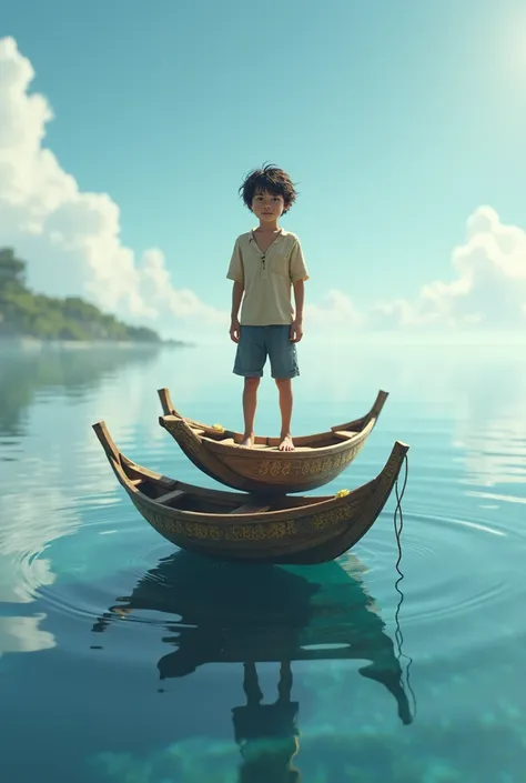 A boy standing on two boats on two legs