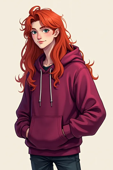 Long red hair, pale adult man, wearing a magenta hoodie, simple background, Light Smile, Character Design, 