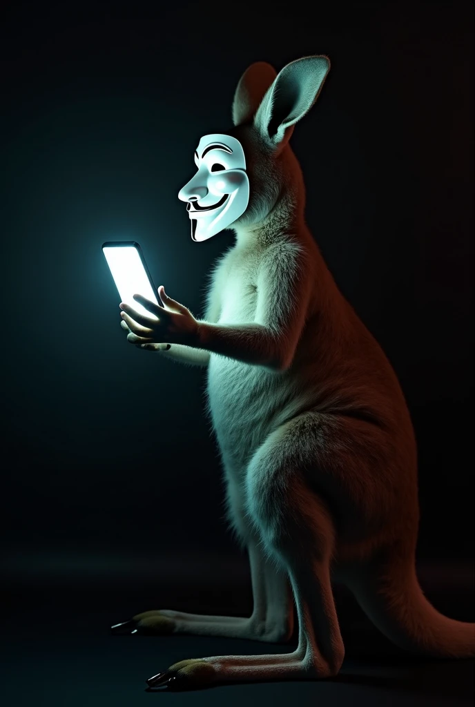 "An image of a kangaroo wearing the famous Anonymous mask (the Guy Fawkes mask). The kangaroo is standing in a dynamic pose, holding a smartphone in one of its paws, with a bright flash coming from the phones screen, illuminating its face. The background i...