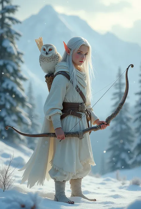 Create an image of a young silver-haired archer elf boy with his faithful owl in a snowy environment wearing white clothes