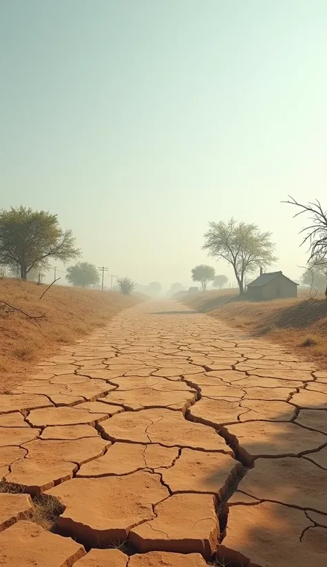 "A barren plot of land near a rural Indian village, with dry, cracked soil and no vegetation. The land appears untouched, desolate, and lifeless, surrounded by a few sparse trees and distant mud houses. The background features a clear, slightly hazy sky, e...