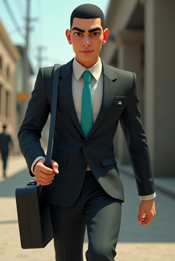 Young Guatemalan police cadet coming out with a black suitcase on his shoulder and a black suit with a turkey blue tie, cropped hairless hair , animated image 