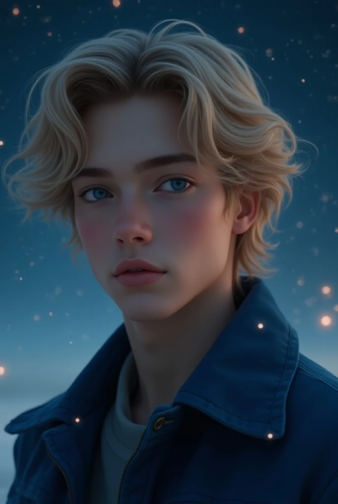 (photorealism:1.2), beautiful young male, looking forward, wearing a blue jacket, he has wavy, long and blonde hair and blue eyes, there is the night sky behin, his face expression is soft and calm, his factions are very soft, almost ly