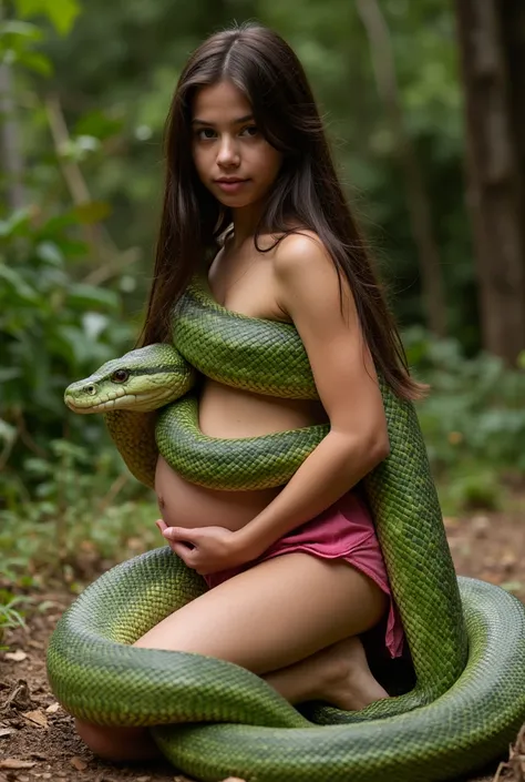 Pregnant Happy Horny, aroused 1girl), beautiful kneeling east Indian  young girl wearing pink loin cloth very young teen girl with  giant colossal green anaconda monster wrapped around her body squeezing her hard, wrapped in thick spiraling coils, constric...