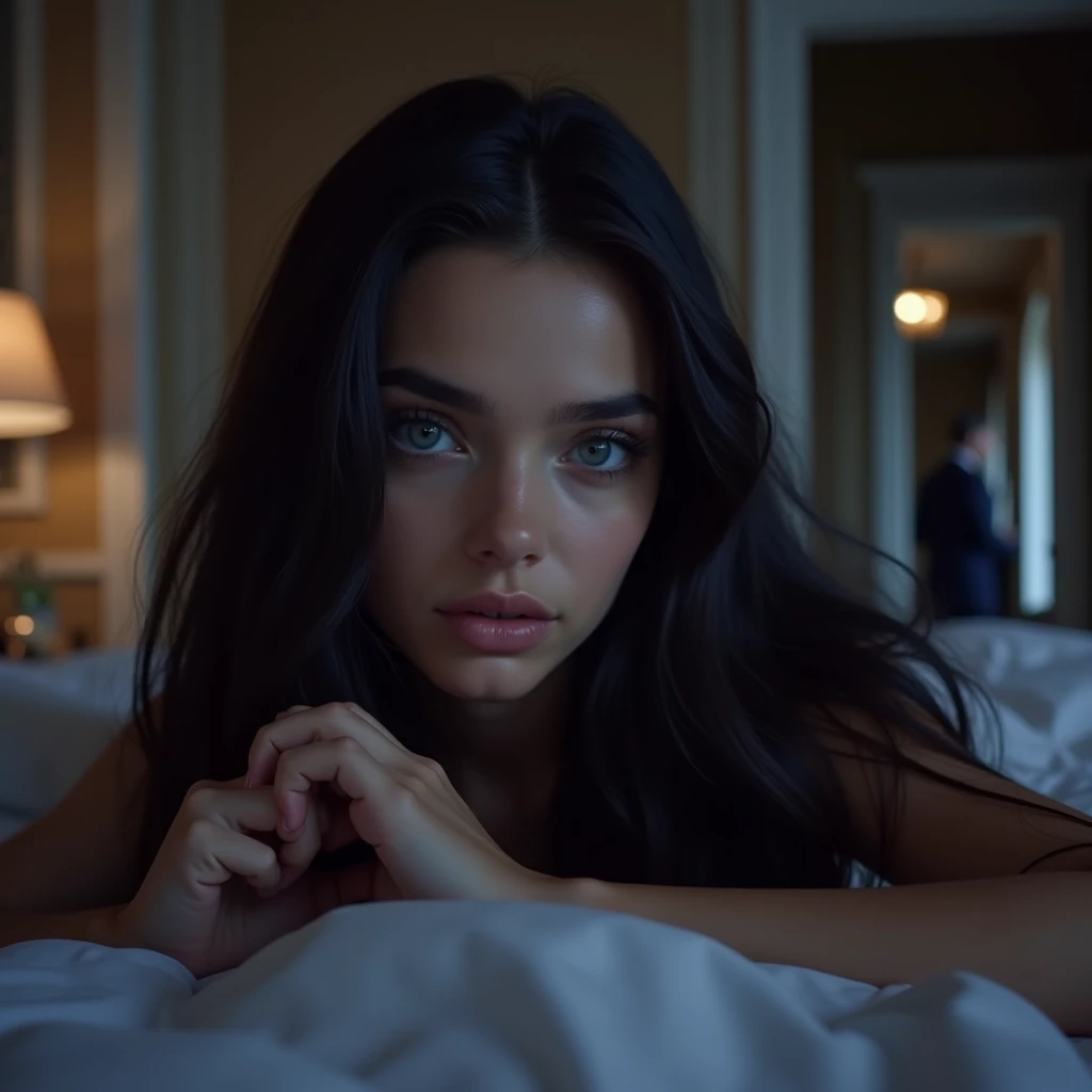 Olé realistic type image of a young woman with sapphire blue eyes with long black hair with European features lying on a bed in the background, a luxurious bedroom and a man walking out the door that goes to a corridor and its nighttime 