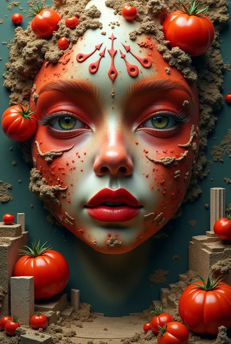 **a [RED TOMATO] face with mystical images, in the style of surreal 3D landscapes, vivid colors, highly detailed figures, fantastic ruins, organic shapes inspired by nature and fauna, harmonious chaos, hyperrealistic photography**