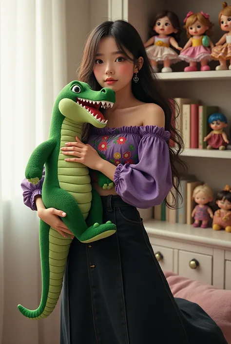  A 30-year-old woman is shapely and her cheeks are chubby .and white skin color .long haired. wears a purple blouse top with a combination of flowers and a long jeans skirt of black color .she hugs a large crocodile doll of green color like the original . ...