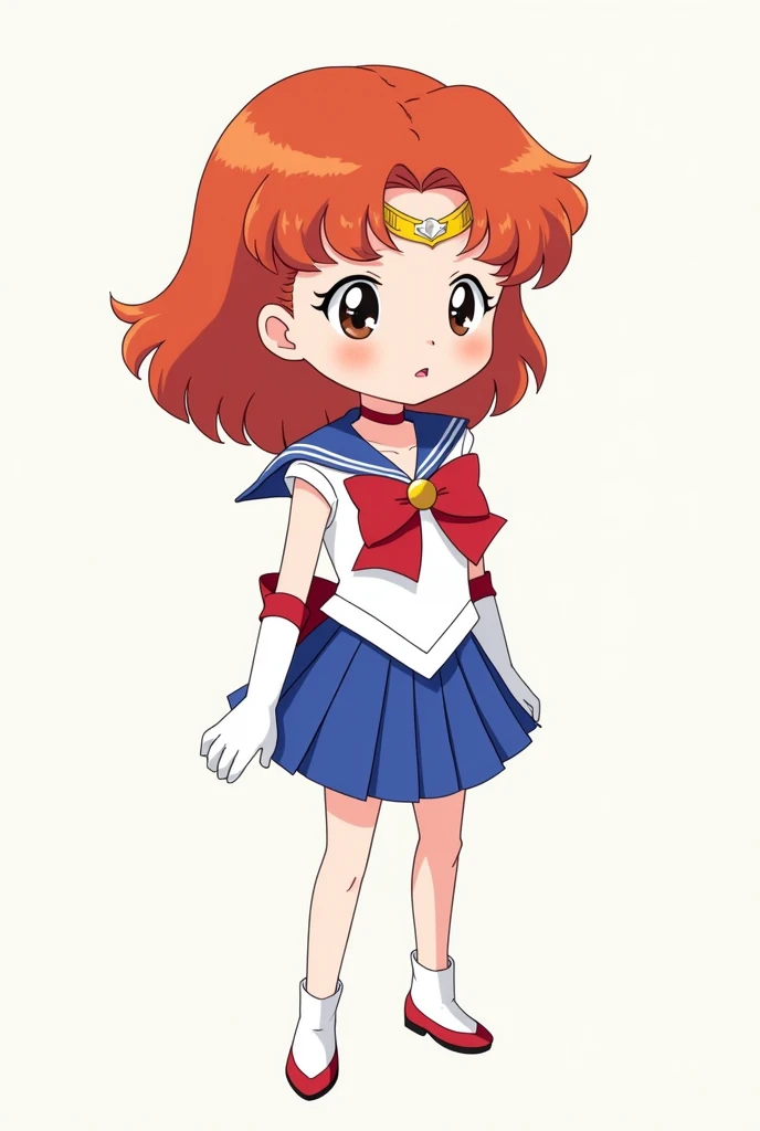 Create an image of Arrietty from The Secret World of Arrietty wearing a Sailor Moon outfit. She should retain her small, slender frame, with the same red hair and youthful features, but in the iconic Sailor Moon uniform with a blue skirt, white top, red bo...