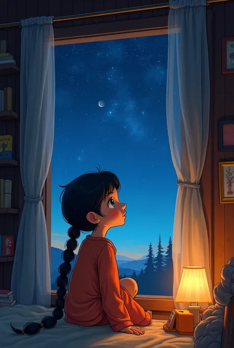 ( a  girl with long dark hair neatly braided,  dressed in simple brightly colored clothes .  She sits by the window of her room ,  looks at the star-filled night sky . Her house looks simple ,  with a warm decoration typical of a small village .  Miras eye...