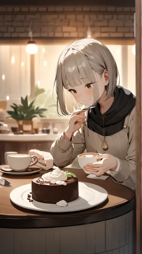 A highly detailed and photorealistic dessert scene featuring a small plate of artisanal chocolate cake with a delicate dusting of powdered sugar, a dollop of whipped cream, and a sprig of fresh mint. The plate is paired with a latte in a ceramic cup, artfu...