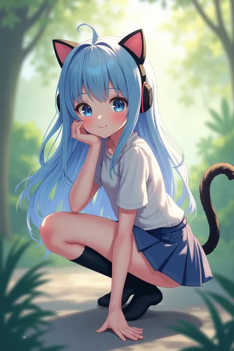  A cute girl with long light blue hair, she wears a miniskirt and wears black socks , wearing cute cat ears .  She squats and reveals cute pink panties . natural scenery.