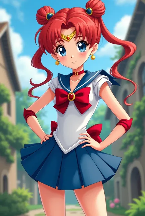 Create an image of Arrietty from The Secret World of Arrietty wearing a Sailor Moon outfit. She should retain her small, slender frame, with the same red hair and chick features, but in the iconic Sailor Moon uniform with a blue skirt, white top, red bow, ...