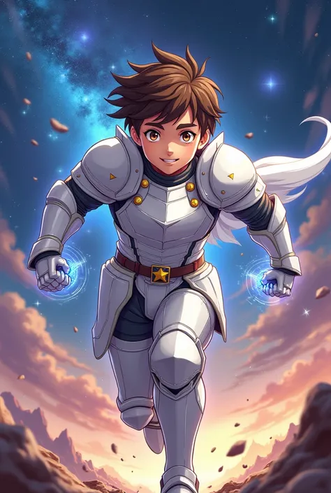 Create a boy with a muscular build who has brown hair and brown eyes with light brown skin with a small smile but do it anime-style with white knight armor , You have to pose as if for a cover but do it more anime style and put a background of the universe...