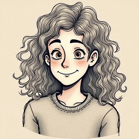 Long curly hair, male, wearing a sweater, simple background, Light Smile, Line Art, Character Design, 