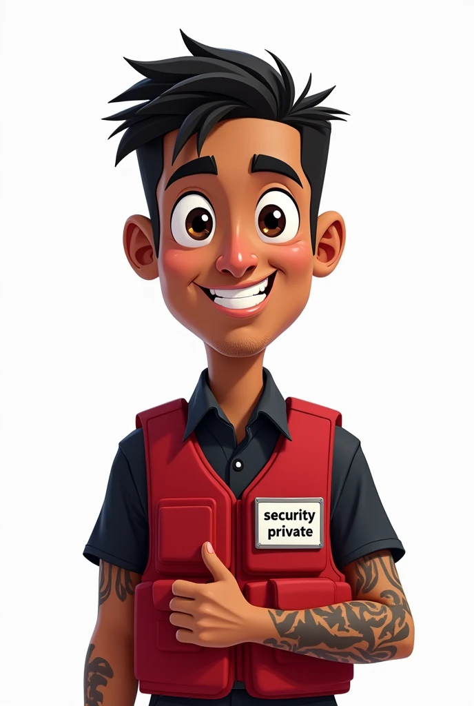  Generate a CARTOON of :
 a 27-year-old young man from dark brown smiling ,  black hair ,  thinner face ,  with a tribal wave tattoo on the right side of his neck ,  private security guard , caricature style,  short hair ,  with a black shirt and a red bul...