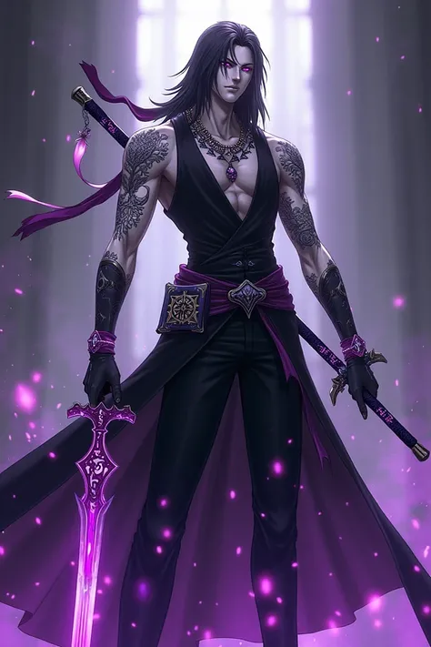 Lineart of a 180-year-old man with black hair and the following description 
Shikai:  Shadow Harmony

Appearance :

 Two Twin Swords ,  one white and the other of a black with purple tints .

 Sleeveless Shinigami Suit ,  with tattoos that represent alchem...