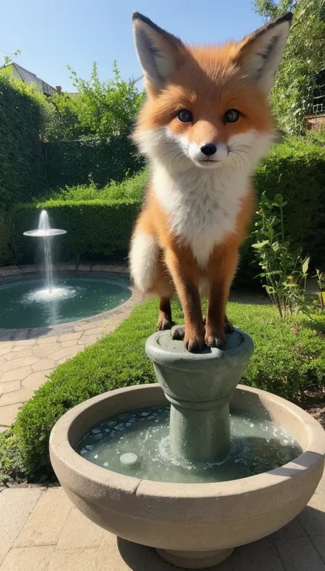 A cute little fox with round eyes, Garden fountain, ,  Far Away Homes , Mirror effect