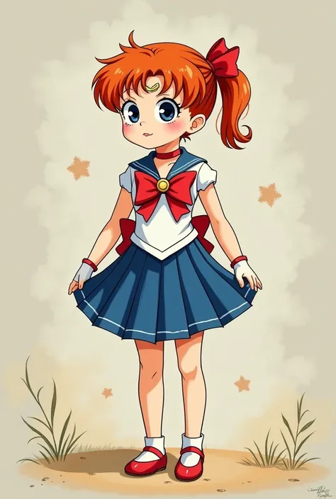 Create an image of Arrietty from The Secret World of Arrietty wearing a Sailor Moon outfit. She should retain her small, slender frame, with the same red hair and chick features, but in the iconic Sailor Moon uniform with a blue skirt, white top, red bow, ...