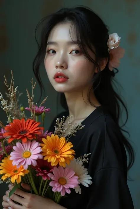 Make 1 Korean beauty all over badab in black jersey holding flowers