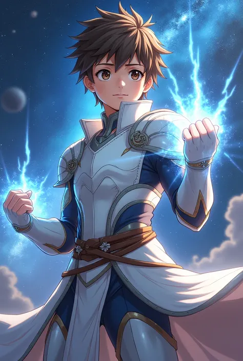 Create a boy with a muscular build who has brown hair and brown eyes with light brown skin with a small smile but do it anime-style with white knight armor , You have to pose as if for a cover but do it more anime-style and put a background of the universe...