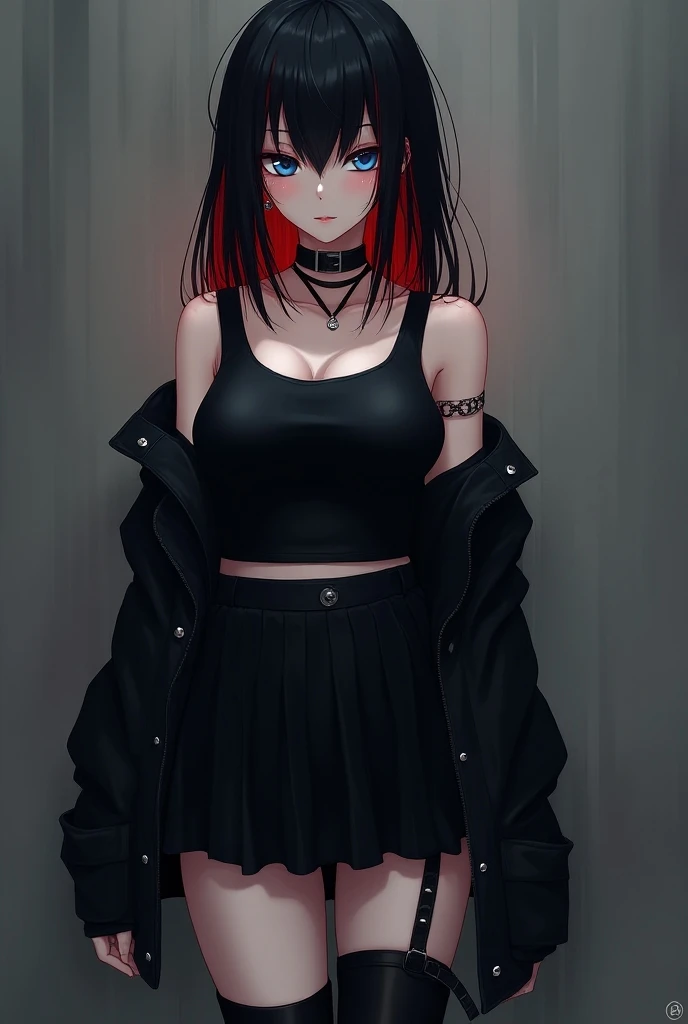 A girl with medium round breasts, black gothic hair, black hair with red rays, blue eyes, a short-collar sleeveless t-shirt, a black half-open black jacket, a paletoned black miniskirt and black boots, girl dressed in the Gothic Anime style, looking malici...