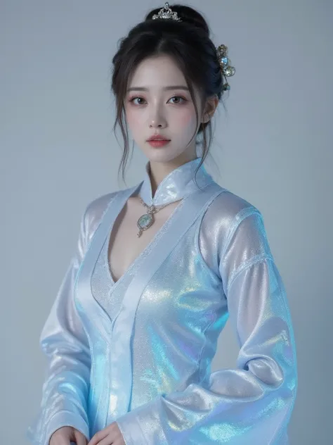 (Full Body), A luminous Chinese beauty (Dilraba Dilmurat) from ancient dynasties (221 BCE - 220 CE) stands majestically against a neutral background, her vibrant white-blue twotone Wuxia attire radiating an otherworldly aura. David Lachapelles lens capture...