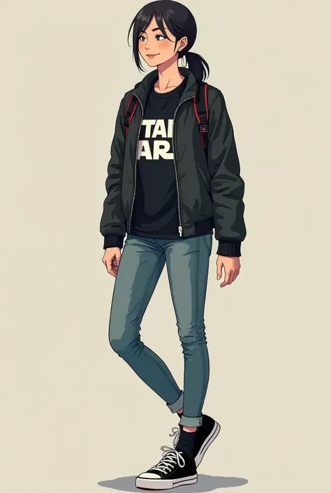 neat Japanese woman、、Ear piercing、Leather jacket、smile、 starwars shirt,, likes Star Wars, marvel and skateboarding, all interests should be inclouded, she should wear something deadpool or Spider-Man themed, a whole body shot with a neutral background 、Ski...