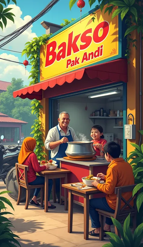 An inviting and lively roadside meatball (bakso) stall owned by Pak Andi. The stall features a bright and colorful sign reading Bakso Pak Andi, with a simple but clean setup. Its bustling with happy customers seated at small tables, enjoying steaming bowls...