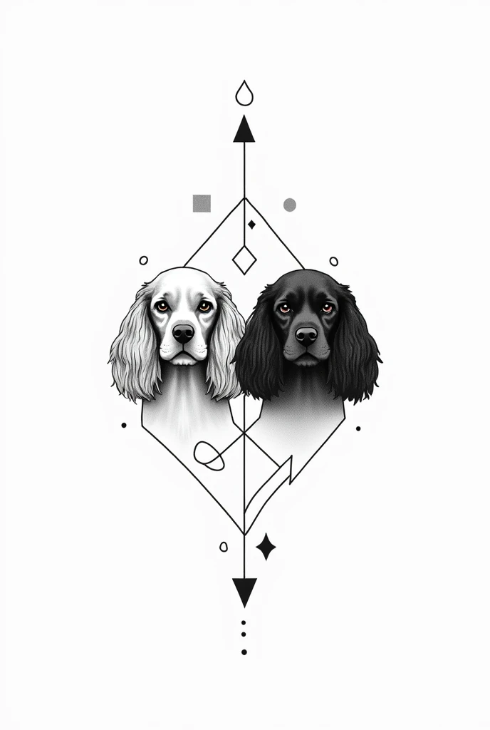  I want to design a tattoo in the Black Work style .  for that I need to generate a model of two Cocker dogs .  That they are only the faces of dogs, let it be only half of the face of each one and united by one Line as if it were a mirror, Frontally shape...