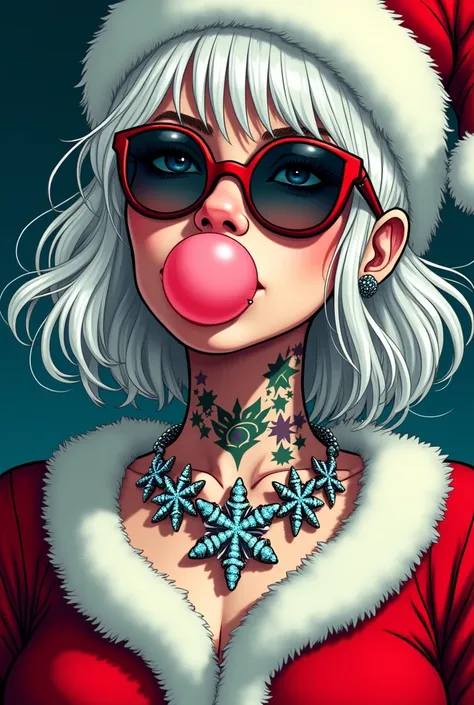 Mrs. Claus cool , translucent dark glasses , with Christmas hat,  frizzy white hair ,  with a necklace of snowflake crystals, with bubble gum , with tattoo on the neck and a piercing on the eyebrow , neotraditional style illustration 