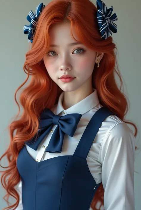 Hyperrealistic photo of a gorgeous redhead , with beautiful long red locks in layers, a blue and white bow innher hair, she wears a traditional and formal blue and white  school girl uniform, with black high heels, 