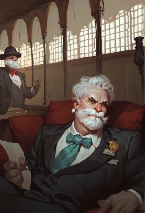 elderly, strong, gray hair, white mustache. wearing a suit and traveling hat. inside the house. angry expression