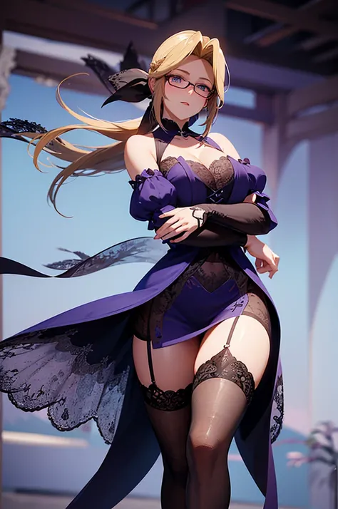 "subject": "anime character, gothic maid outfit, elegant and refined,purple hair, round glasses, intricate details on clothing with lace and ribbons, thigh-high stockings with lace trims, confident and graceful posture", "style": "anime illustration, highl...