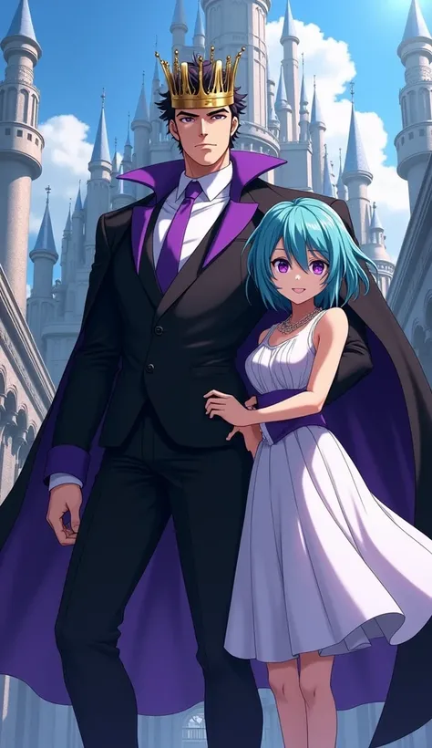 Adult male
Black and short hair not long
White tea 
Eyes with intense purple irises
Serious 
Wearing a black suit with purple details , with white shirt and purple tie
With a golden crown on his head like king
Black cape
Muscular

Accompanied by Hatsune Mi...