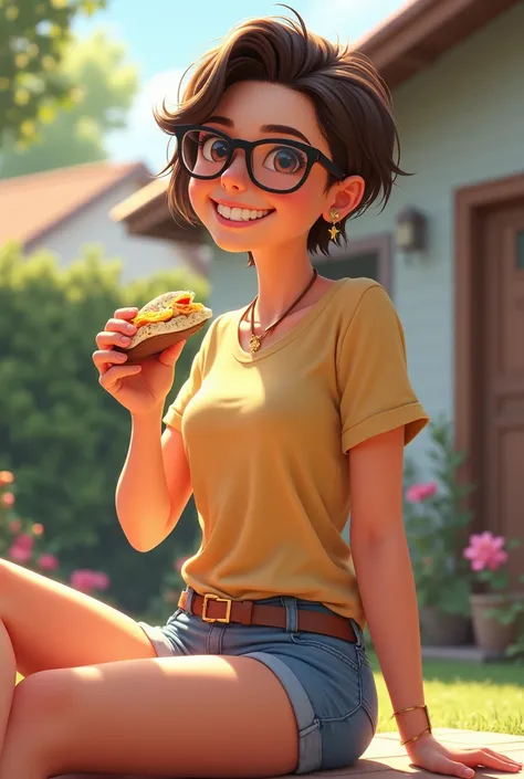 Neighbor for my lunch wearing glasses in an outfit with short shorts with glasses a hair