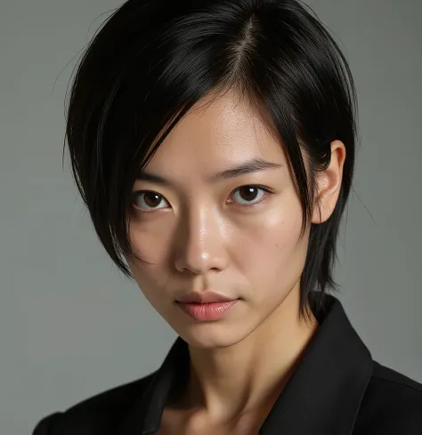 A Chinese woman;  short black hair ; side stripe; striking look; Scar near the eye.