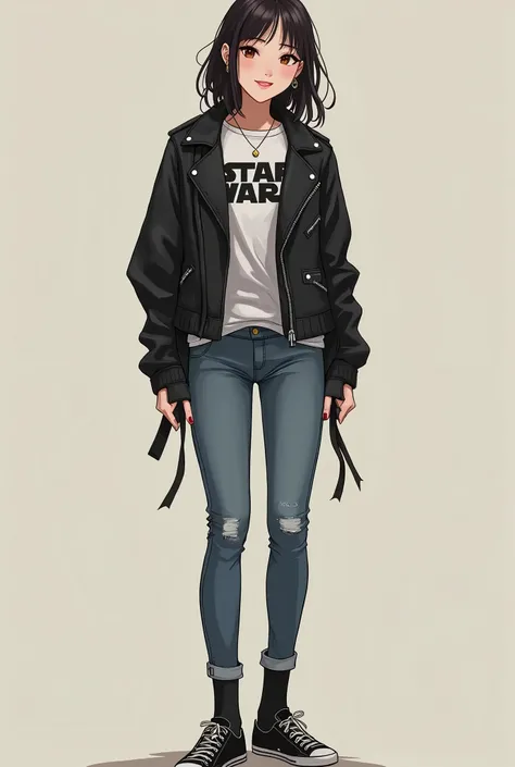 neat Japanese woman、、Ear piercing、Leather jacket、smile、 starwars shirt,, likes Star Wars, marvel and skateboarding, all interests should be inclouded, she should wear something deadpool or Spider-Man themed, a whole body shot with a neutral background 、Ski...