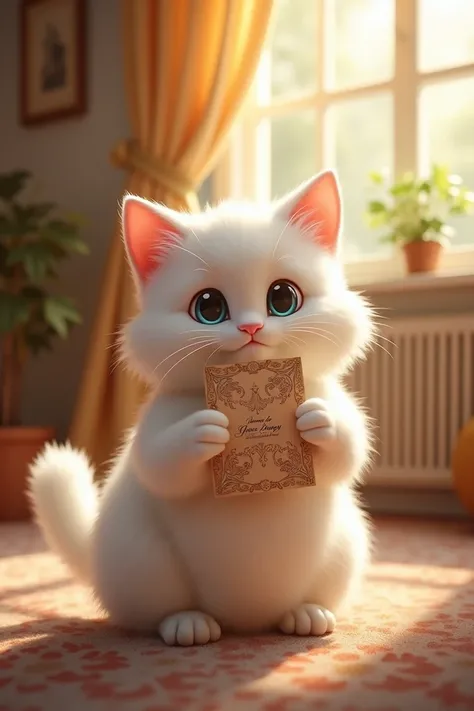 The Invitation: A white cat receives a beautifully decorated wedding invitation, looking curious as he holds the card in his paws. A warm, golden light from the Sun beams through the window, illuminating the room and hinting at their excitement.
