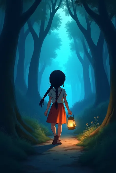 mira,   girl with long dark hair neatly braided,  dressed in simple brightly colored clothes .  He with a small lantern in his hand ,  walked slowly on the path to the forest . The forest looked dark and mysterious ,  with large trees creating a long shado...