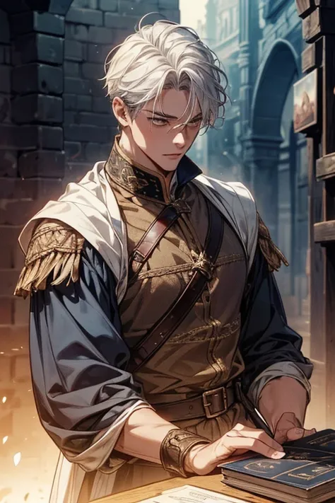 Muscular male, 30years old man, handsome, very short hair, short hair style, dark skin tone, tanned skin, Mediavel style, mercenary, medieval clothes, detailed background, romance fansasy book cover, (masterpiece:1.21),(bestquality:1.21),8k,high detailed,u...