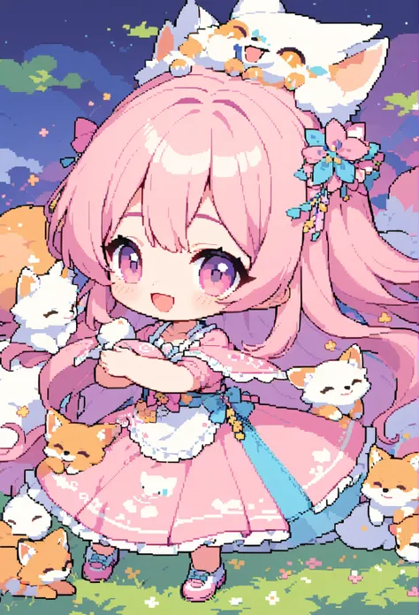 (masterpiece,  best quality:1.3, 8k, Beautifully detailed pixel art:1.2, Chibi character， Vivid , woman, 若いwoman, smile, cute,  angled ,  open your mouth,Fluffy hair like a cloud, Long Hair, Foxのような耳,  Pink Hair, eyebrow, 太いeyebrow,  dress,  pink clothes ,...