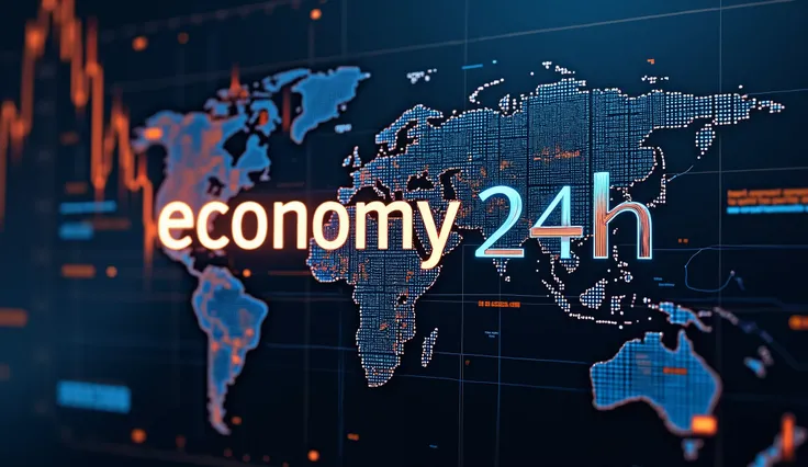 The text "ECONOMY 24h" is made up of impressive economic and typographic charts, bold with a futuristic, technological feel. The navy blue and orange tones are