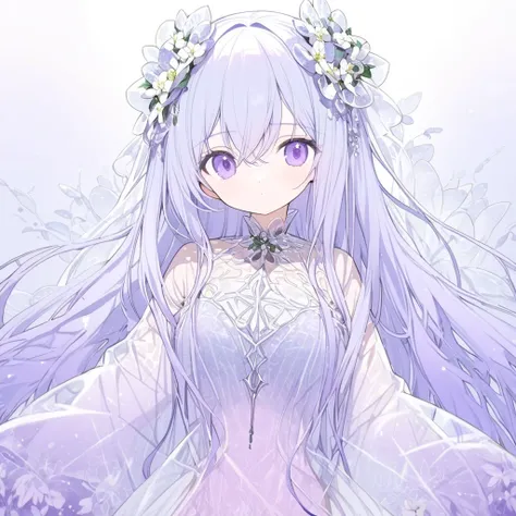 Transparent watercolor、 1 girl、Light blue hair (( long hair、Purple gradient hair、 bangs between my eyes )) 、  stylishly designed clothes 、Small white flower hair ornament、 transparent dress that accentuates deep chest 、Oversized Sleeves 、The sleeve is long...