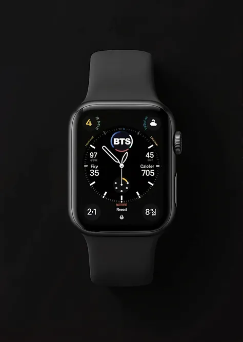 "Smartwatch with a sleek black strap and a dark theme interface. The watch face features an analog clock with white hands and tick marks, centered over a modern logo design with BTS text. The top-left corner displays the battery percentage (80%) with a lig...