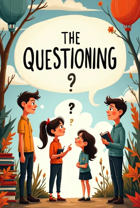 Generate a poster with a text that says “The Questioning” that has drawings or symbols related to the topic or to the search for information through the questions. That the image has the possibility of being drawn, More animated or cartoony